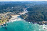 Aerial image of the Big River flowing into the Pacific Ocean on the Mendocino Coast.