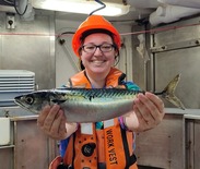 Teacher at Sea holding mackerel