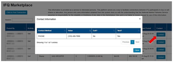 IFQ Marketplace Contact Box