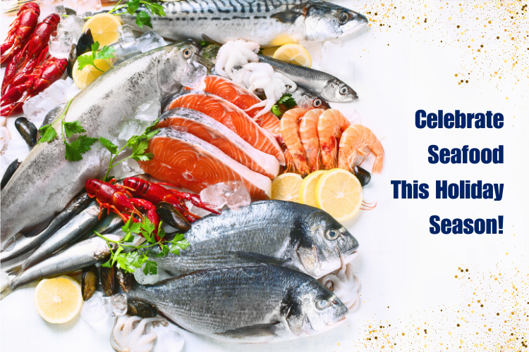 Celebrate Seafood This Holiday Season graphic with an assortment of seafood and confetti graphics