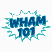 White starburst outlined in blue, “WHAM 101.”