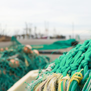 Piles of green commercial fishing net gear in a parking lot. In the background are commercial fishing vessels at a dock.