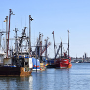 Several commercial fishing vessels tied up to a fishing pier.
