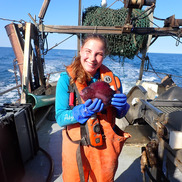 Woman holds lumpfish on stern of fishing vessel