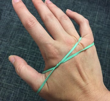 A rubber band across the back of a hand, hooked on the thumb and pinkie finger.