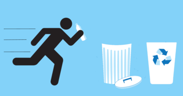 Graphic of a person running a plastic bottle toward a garbage can and recycling bin.
