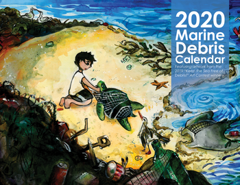 A drawing on a calendar of a person near water. The image says "2020 Marine Debris Calendar"
