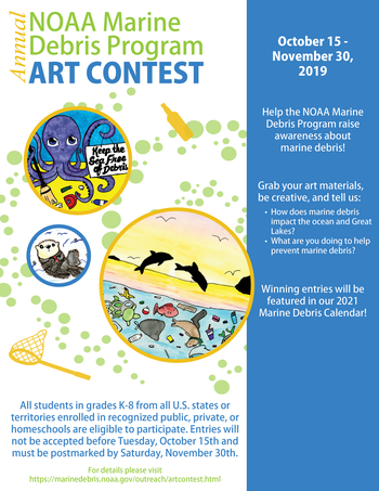 A flyer announcing that the Marine Debris Program's Annual Art Contest Opens on October 15, 2019