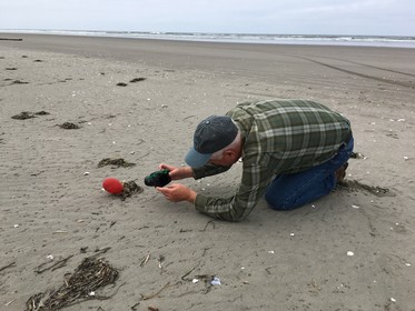 A person bends down on hands on knees on a sandy beach to take a picture of a deflated, red balloon. 