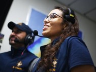 happy student on screen