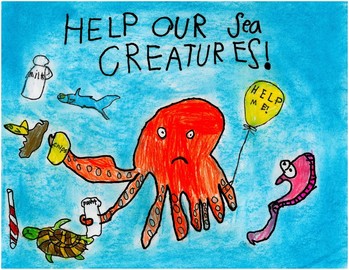 An artwork contest submission of an octopus surrounded by marine debris. 