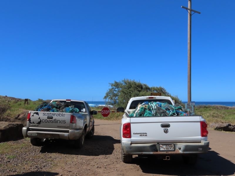 Removed derelict fishing nets loaded in the back of two trucks.