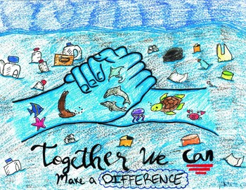 Artwork from 2019 art contest, joined hands with text reading "Together we can make a difference" decorated with images of healthy marine life.