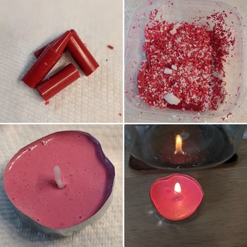 Clockwise from top-left. 1, red crayon pieces. 2, grated crayon and white candle wax. Step 3, melted wax poured in votive. Step 4, lit candle.