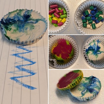 Collage: Left, final tie-dye crayon; Top-Right, broken crayons in muffin tin; Middle-Right, melted crayons; Bottom-Right, cooled tie-dye crayons.