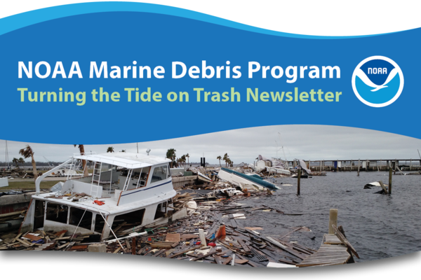 Hurricane-related marine debris piled high along a shore.