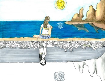 Student artwork featuring a girl looking out at the clean ocean, while the scene's reflection is a beach covered in debris.
