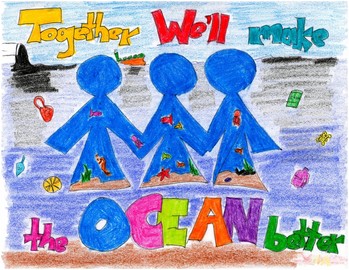 Three figures holding hands amid marine debris, with text reading "Together we'll make the Ocean better." 