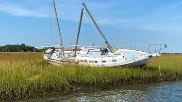 An abandoned vessel grounded near the water’s edge in a marsh.