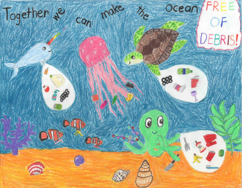 Sea creatures collecting marine debris, with text that reads "Together we can make the ocean Free of Debris," artwork by Rose L. (Grade 2, Virginia).