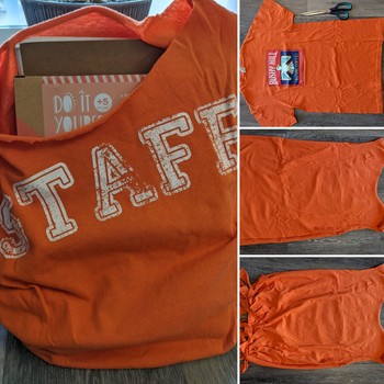 An old t-shirt in the process of becoming a reusable bag. 