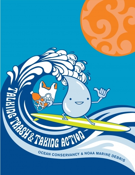 The cover of Talking Trash & Taking Action, featuring a surfing water droplet with a hand full of marine debris.
