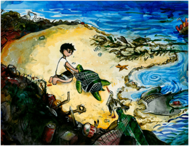 Artwork by Jennie C. (Grade 8, Massachusetts) of a child on the beach helping a sea turtle tangled in a net.
