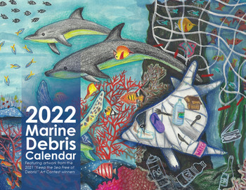Student artwork features sea creatures swimming through a coral reef away from a derelict net, accompanied by a dolphin filled with marine debris.
