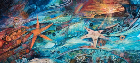 Section of Kumulipo mural by Kahi Ching that depicts marine and terrestrial creatures and landscapes