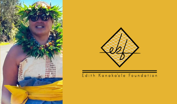 Edith Kanakaʻole Foundation logo and image of Native Hawaiian cultural practitioner