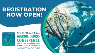 Graphic with marine debris, announcing "Registration is Open" for the 7th International Marine Debris Conference.
