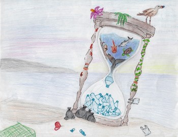An hourglass with sea creatures in the top half, becoming plastic bottles in the bottom half.