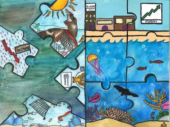 Two halves of a puzzle, one depicting clean seas and one with seas impacted by marine debris. 