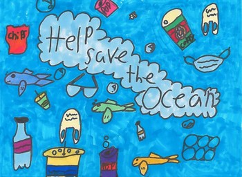 An underwater scene with coffee cups, masks, and other debris around text reading "Help Save the Ocean."
