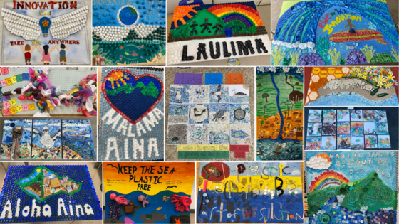 A collage of murals created through Kōkua Hawai'i Foundationʻs 2022 Plastic Free Hawaiʻi School Mural Contest.