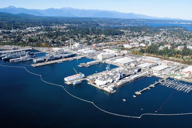 Aerial view of Naval Base Kitsap-Bremerton, Puget Sound Naval Shipyard and Intermediate Maintenance Facility.