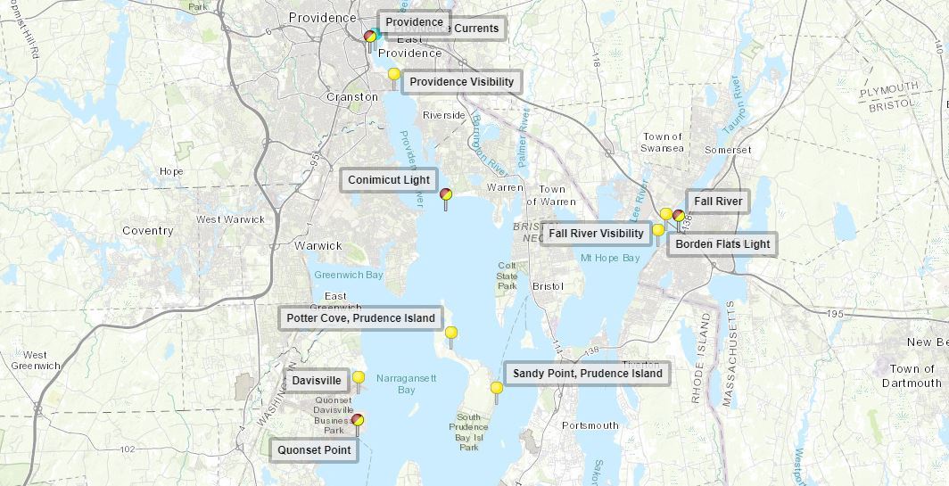 An image showing Narragansett Bay and the several PORTS locations existing within the bay.