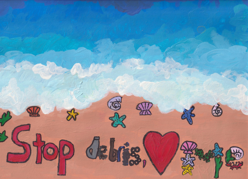 Student painted artwork of a shoreline and a "stop debris" message.