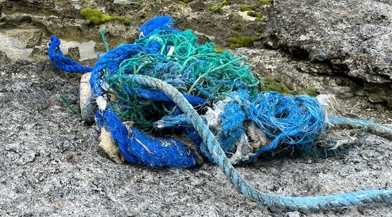 A blue derelict net washed up on a beach.