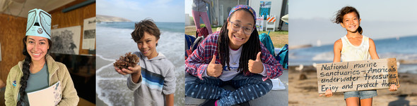Four photos of diverse youth getting involved with ocean conservation and stewardship.