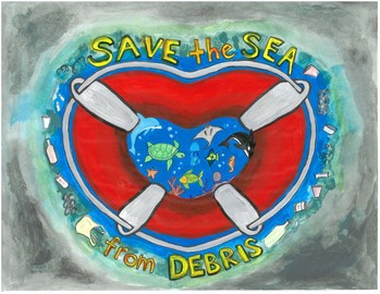 Student artwork of a heart-shaped buoy with text reading "Save the Sea from Debris."
