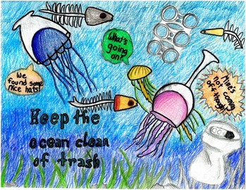 Student artwork featuring jellyfish with glasses on their bells, with text reading "Keep the Sea Free of Debris."