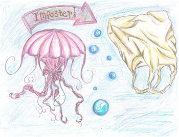 Student artwork featuring a jellyfish next to a plastic bag with text reading "Imposter!". 