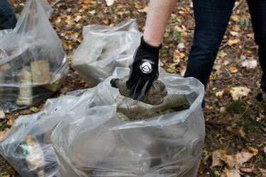 A person wearing work gloves placing a plastic bottle in a bag during a cleanup.