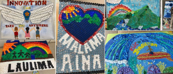 Collage of student-created murals made of marine debris and plastic materials. 
