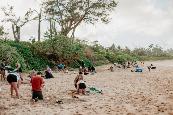 Volunteers picking up trash on a beach. 
