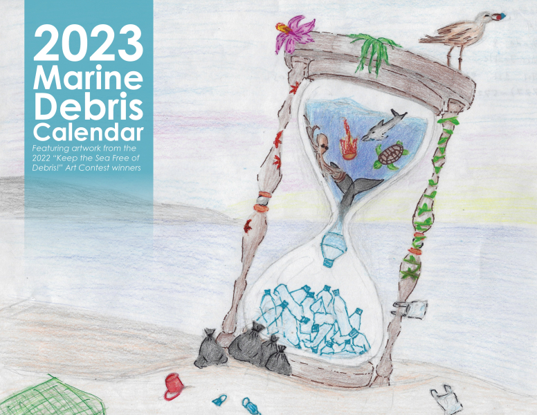 A student drawing of an hourglass filled with debris and marine wildlife. 