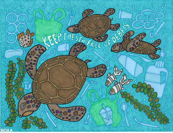 Student artwork featuring sea turtles and fish amid trash-filled water.