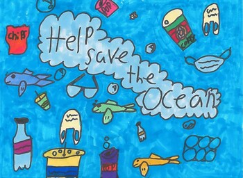 An underwater scene with text reading "Help Save the Ocean."