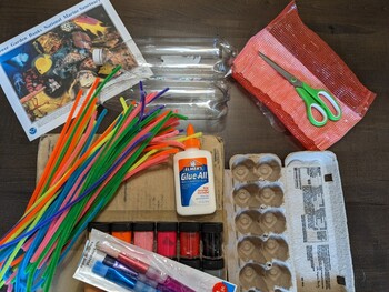 Supplies for creating an upcycled coral reef laid out on a table (supply list in text).